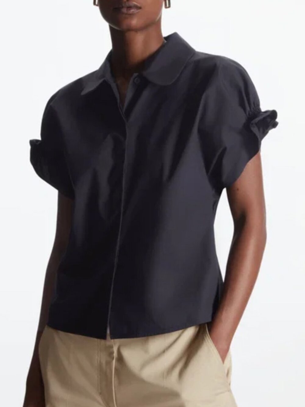 COS Smocked Puff Short Sleeve Button Down Top Small Minimalist Quiet Luxury